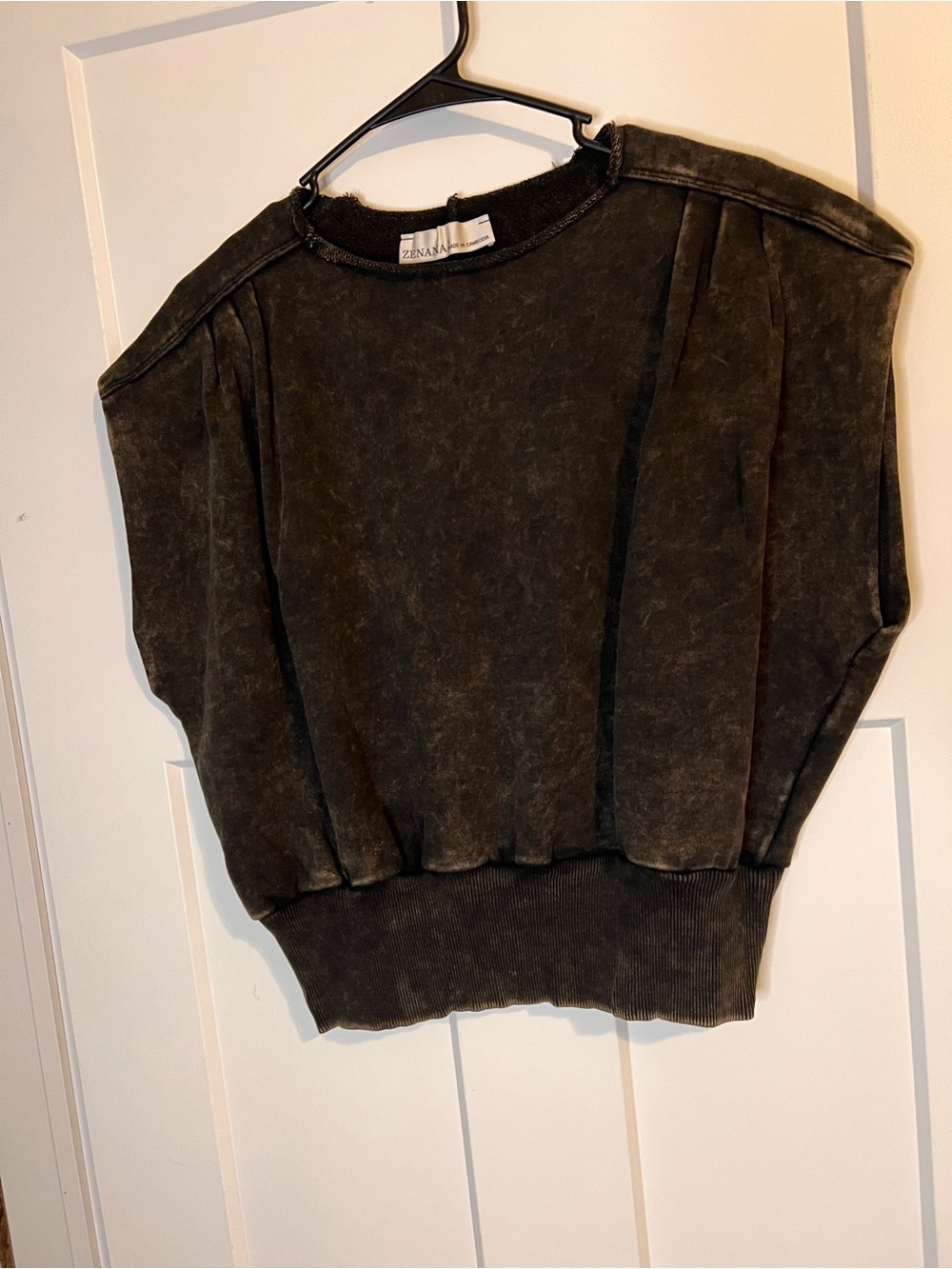 Zenana Outfitters Washed Black Short Sleeve Sweatshirt with Ribbed Waistband